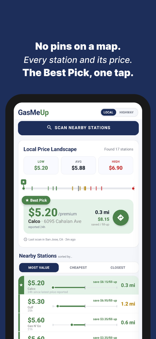 GasMeUp home screen: a scan found 17 stations, with the Best Pick saving $8.15 per fill-up